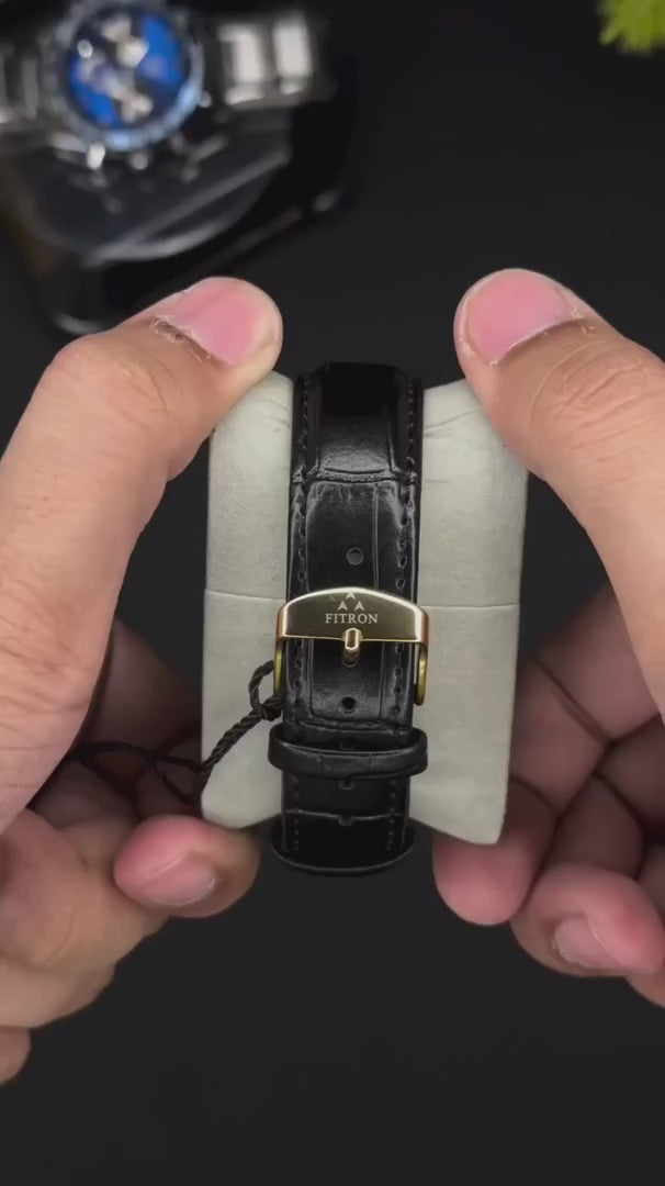 TORUS - Golden Black Watch with Black Leather Strap by Fitron